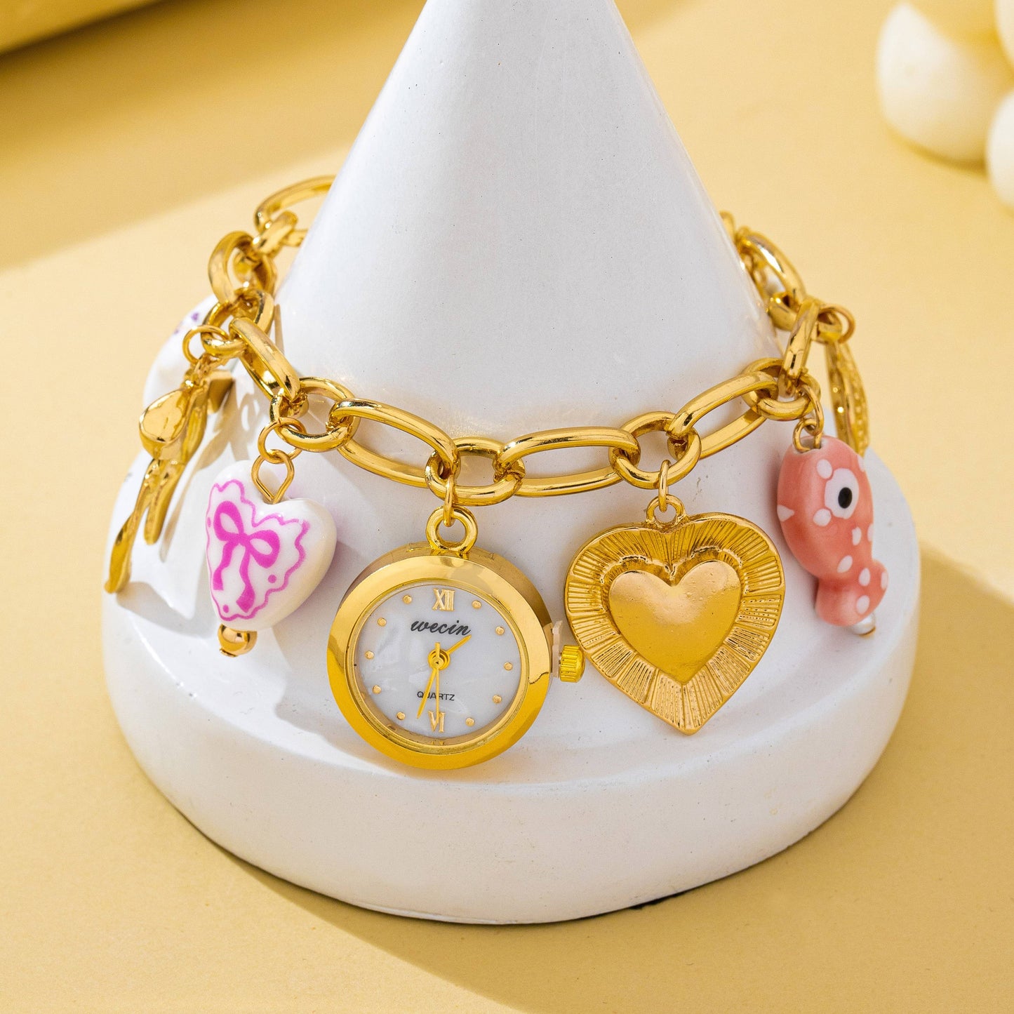 Vintage Pink Polka Dot Charm Watch Bracelet