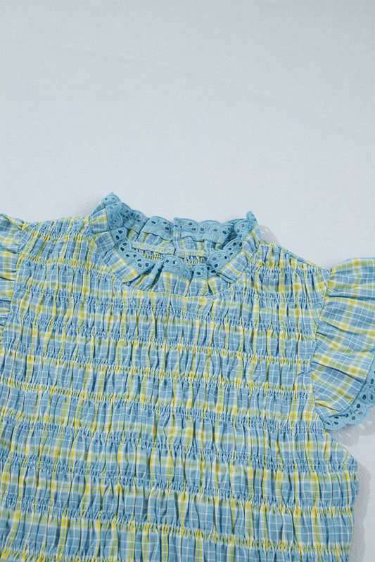 Gingham Smocked Lace Trim Tank Top