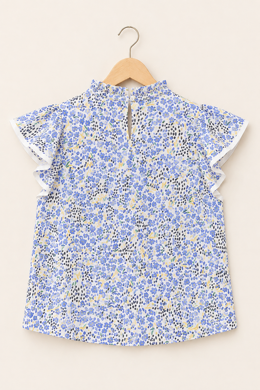 Sky Blue Print Flutter Sleeves Top