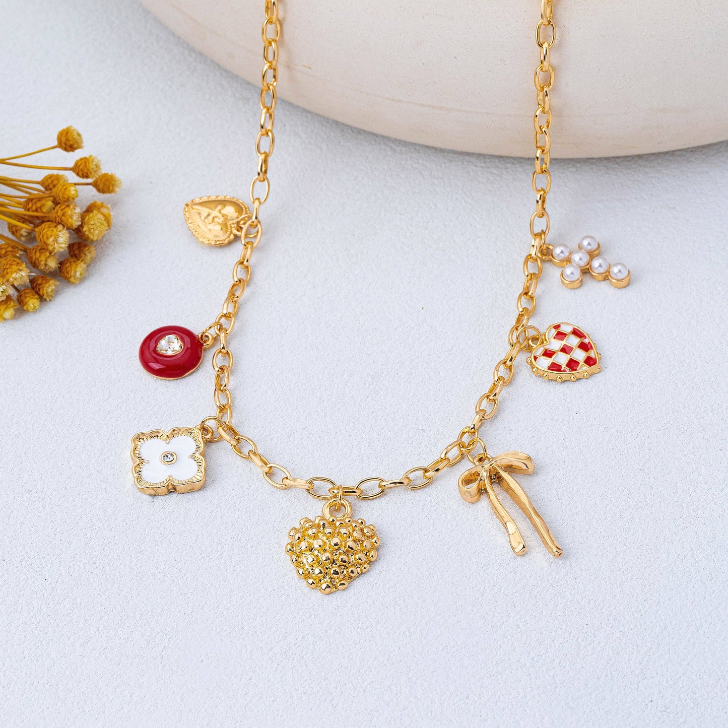 Heart Bow Cross Checker heart Charm Necklace