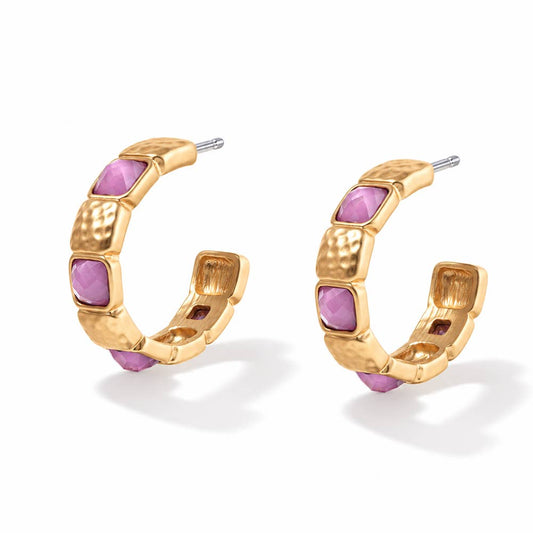 Hammered Textured & Stone Hoop Earring