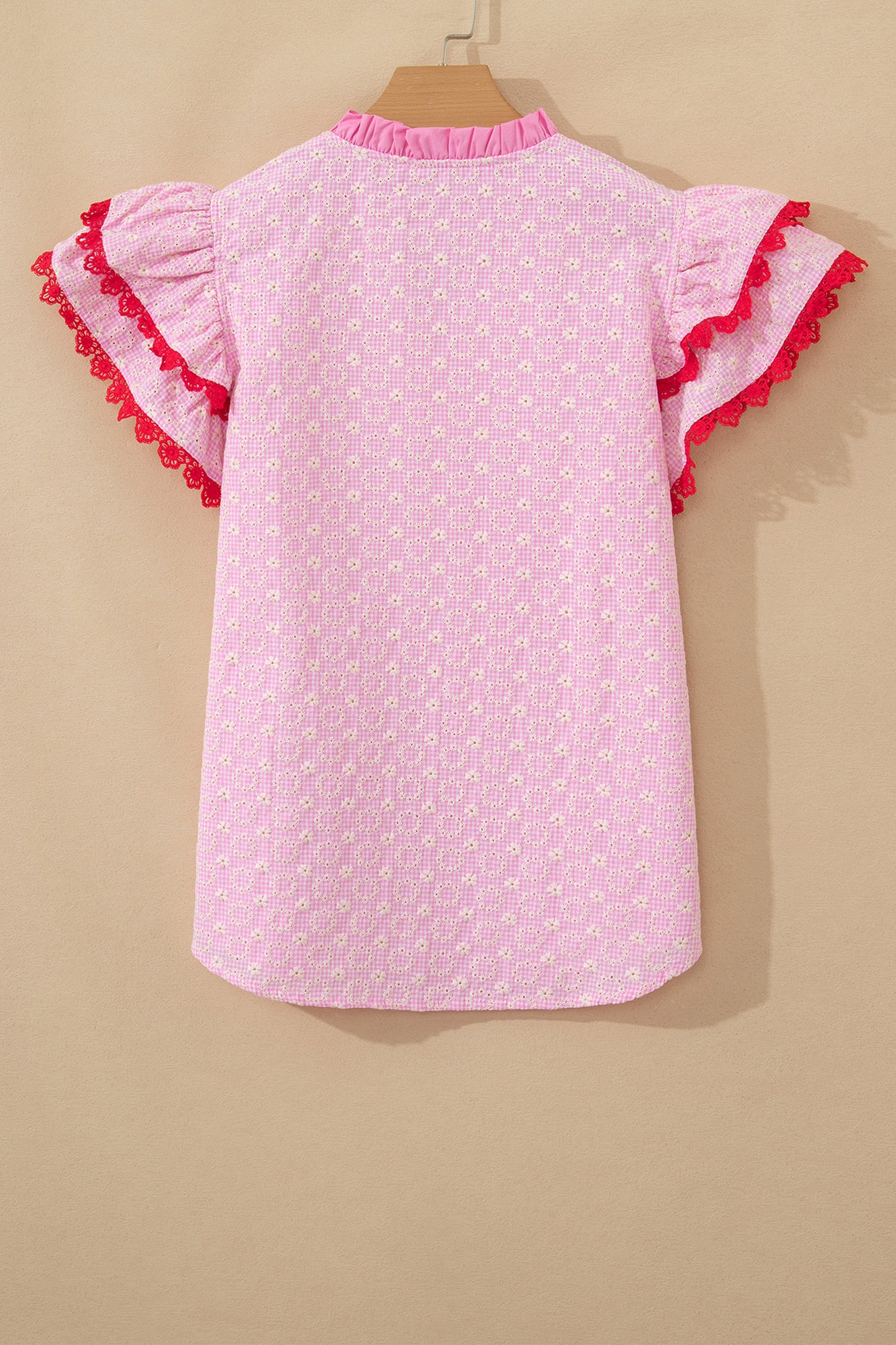 Pink Lace Trim Flutter Sleeve Blouse