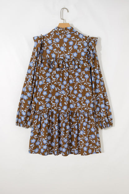 Brown & Floral Print Long Sleeve Dress