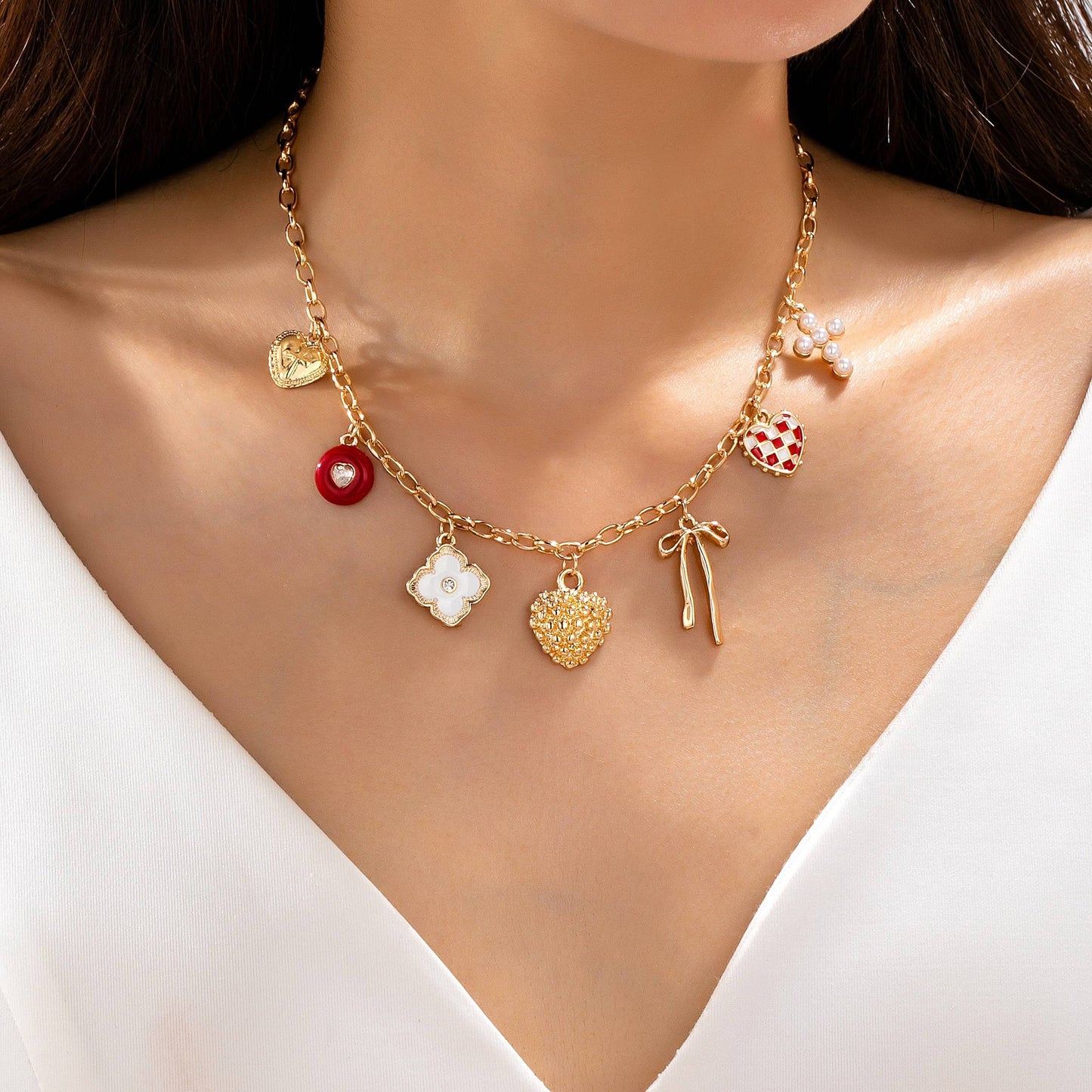 Heart Bow Cross Checker heart Charm Necklace