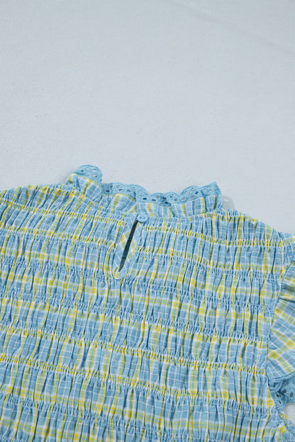 Gingham Smocked Lace Trim Tank Top