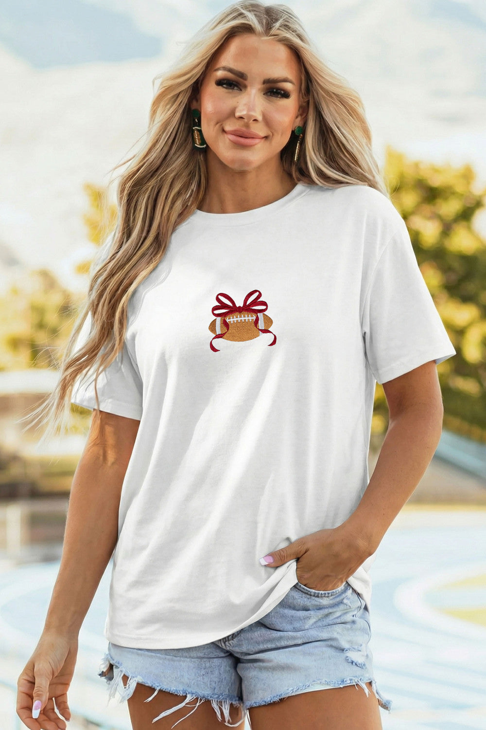 Embroidered Football Bow T Shirt