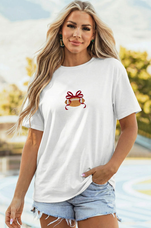Embroidered Football Bow T Shirt