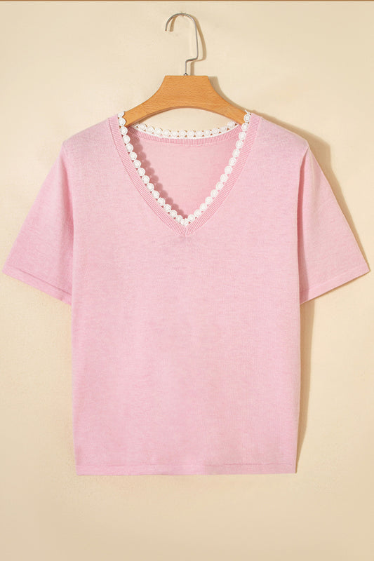Pink Lace Trim V Neck