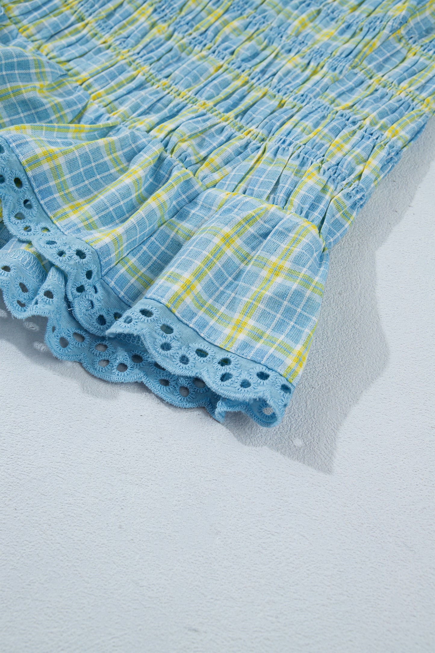 Gingham Smocked Lace Trim Tank Top