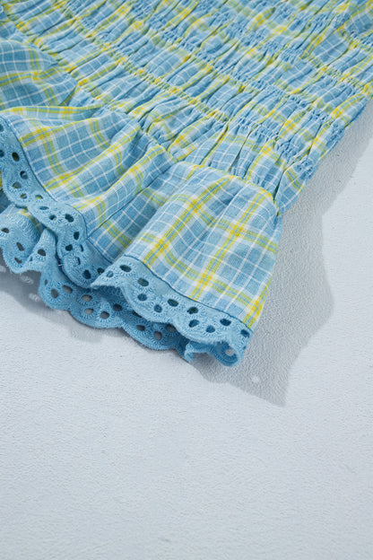 Gingham Smocked Lace Trim Tank Top