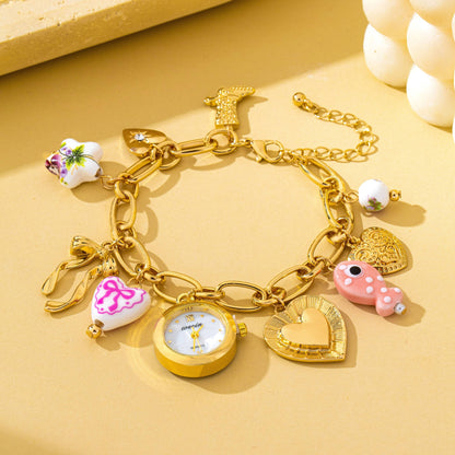 Vintage Pink Polka Dot Charm Watch Bracelet