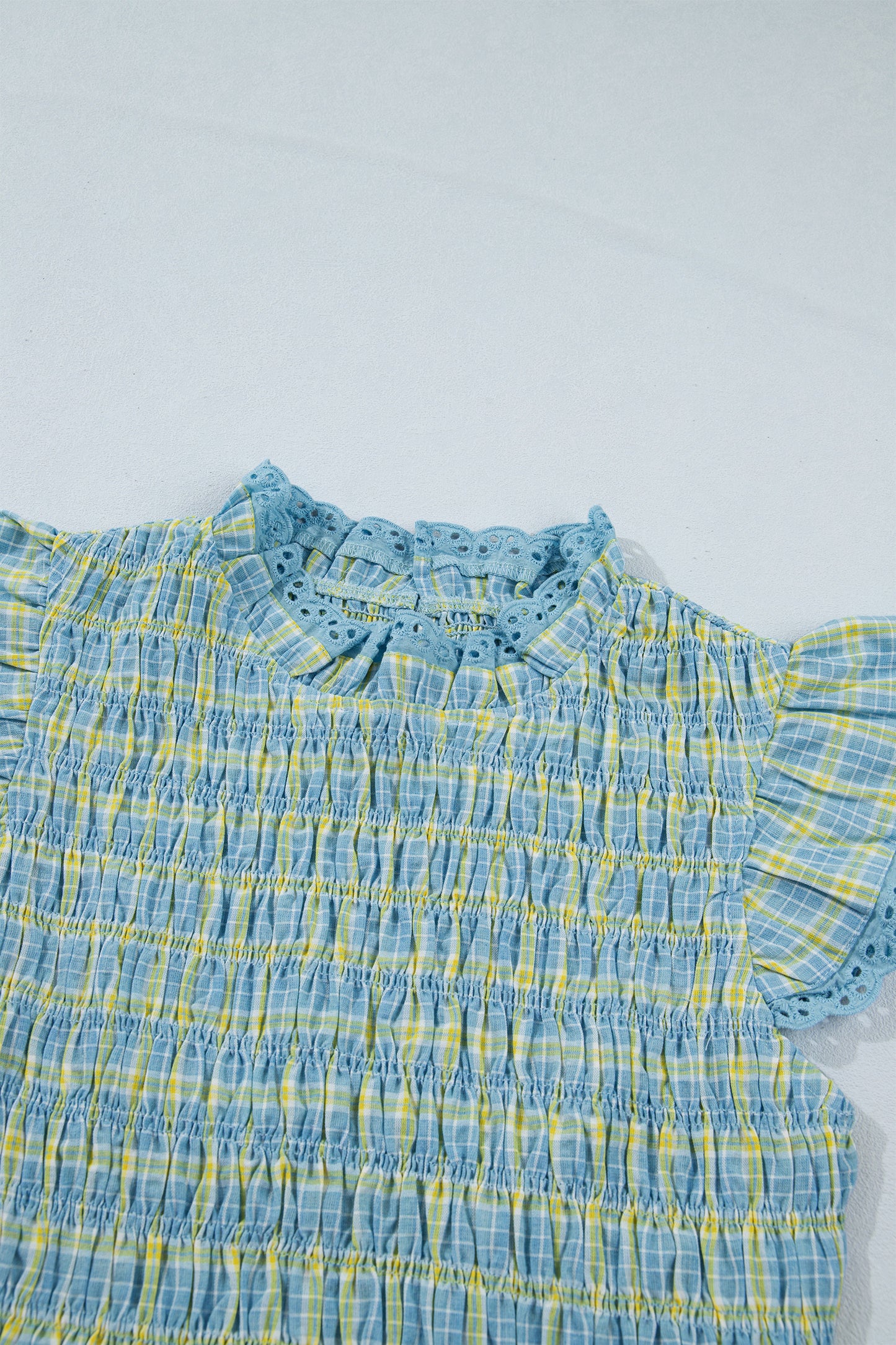 Gingham Smocked Lace Trim Tank Top