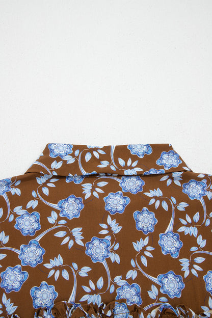 Brown & Floral Print Long Sleeve Dress