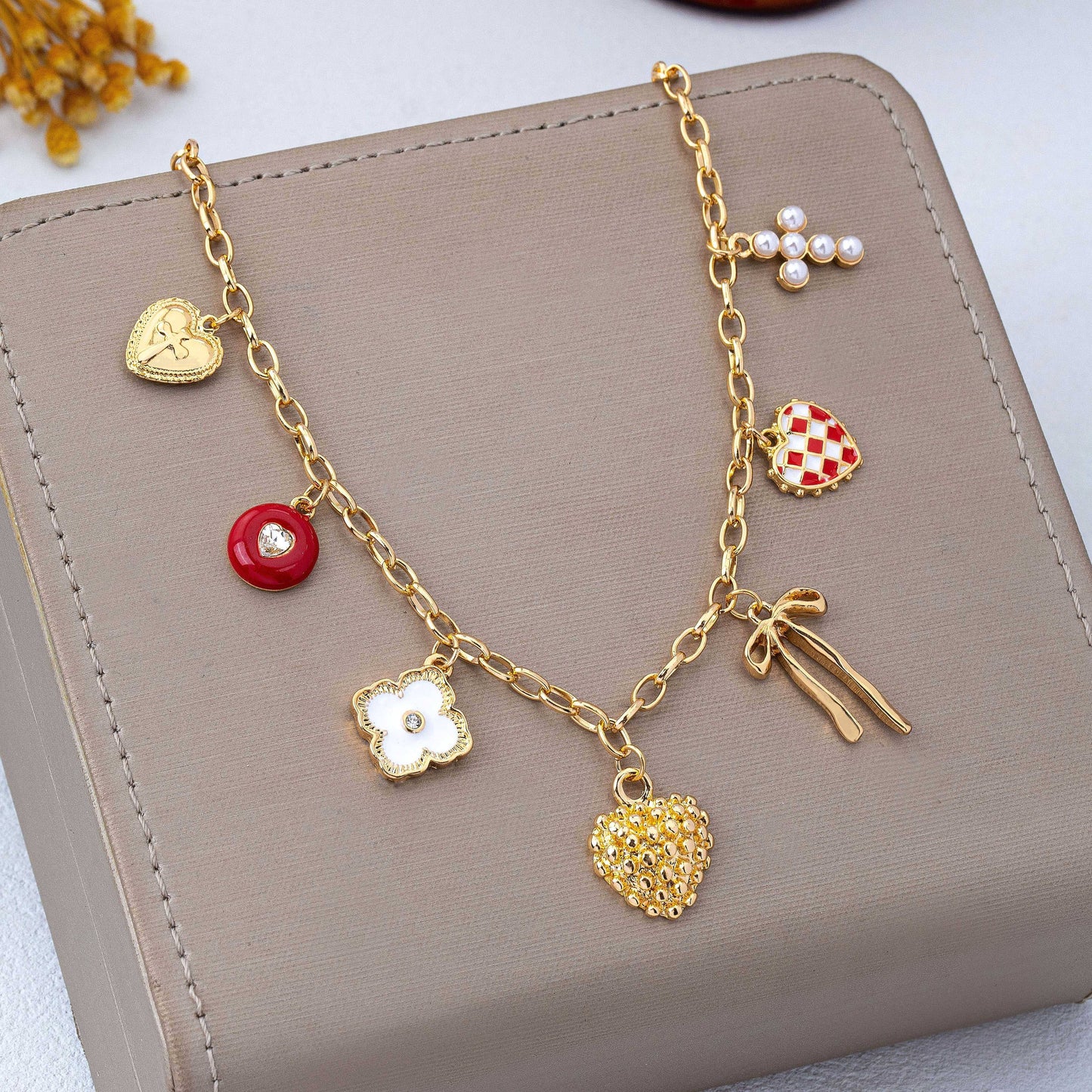 Heart Bow Cross Checker heart Charm Necklace