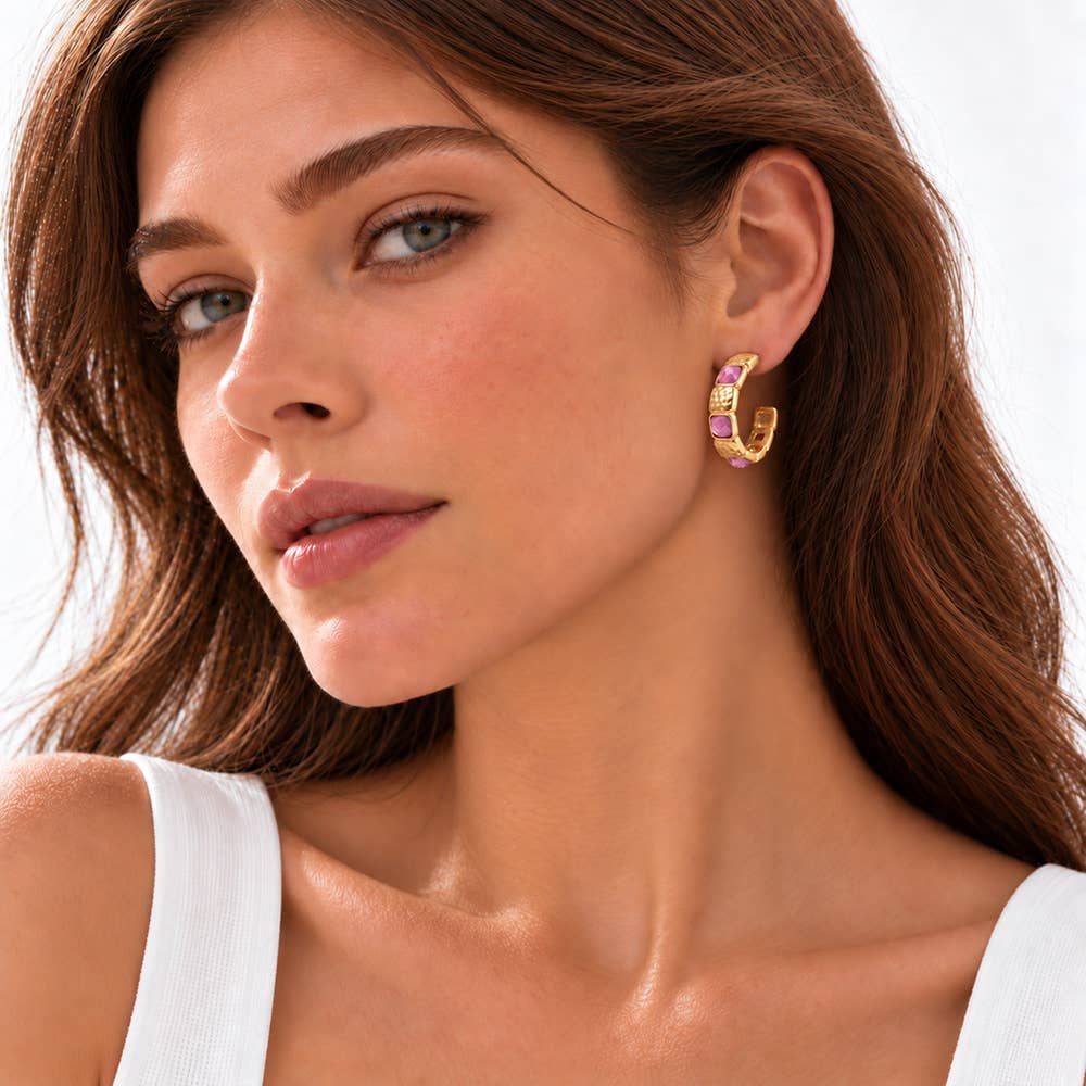 Hammered Textured & Stone Hoop Earring