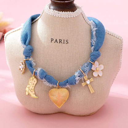 Western Denim Cowboy Boot & Cross Charm Necklace