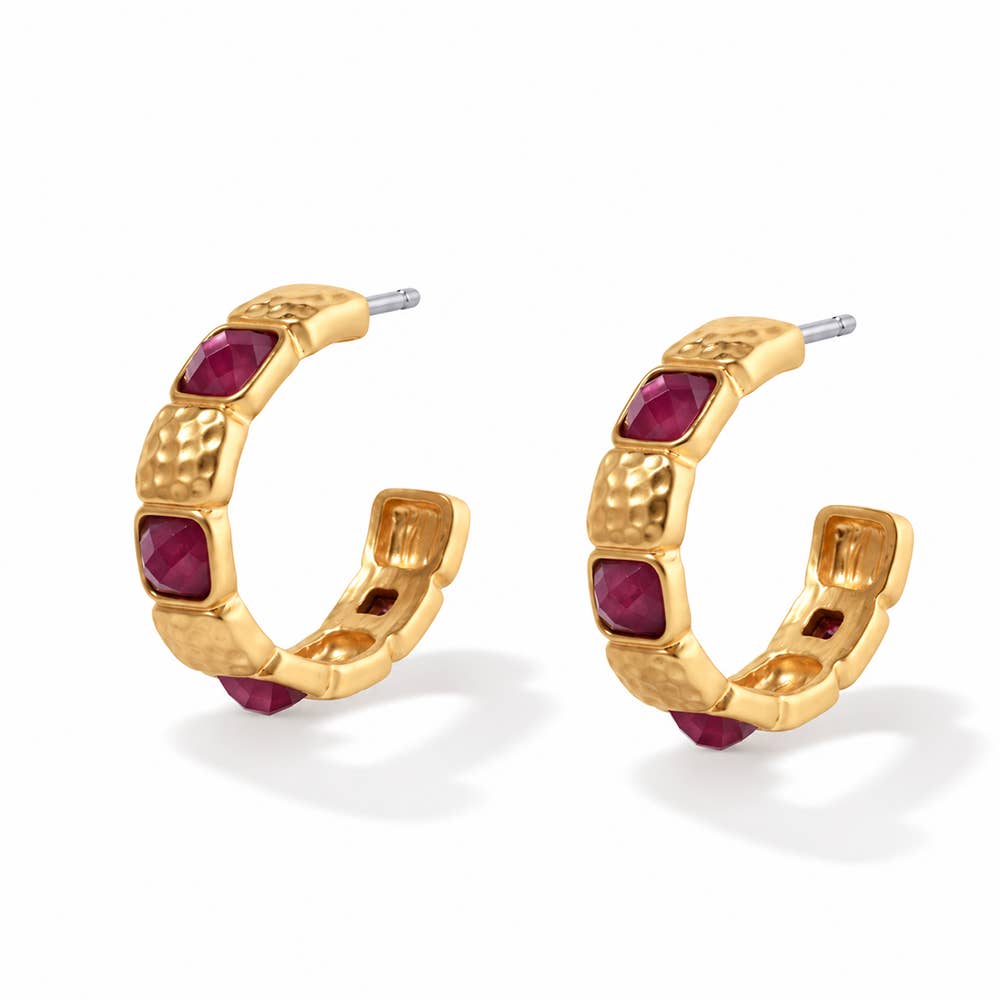 Hammered Textured & Stone Hoop Earring