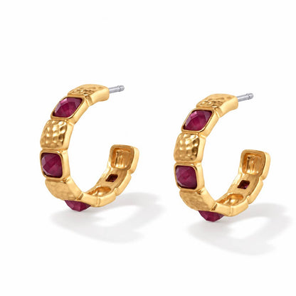 Hammered Textured & Stone Hoop Earring