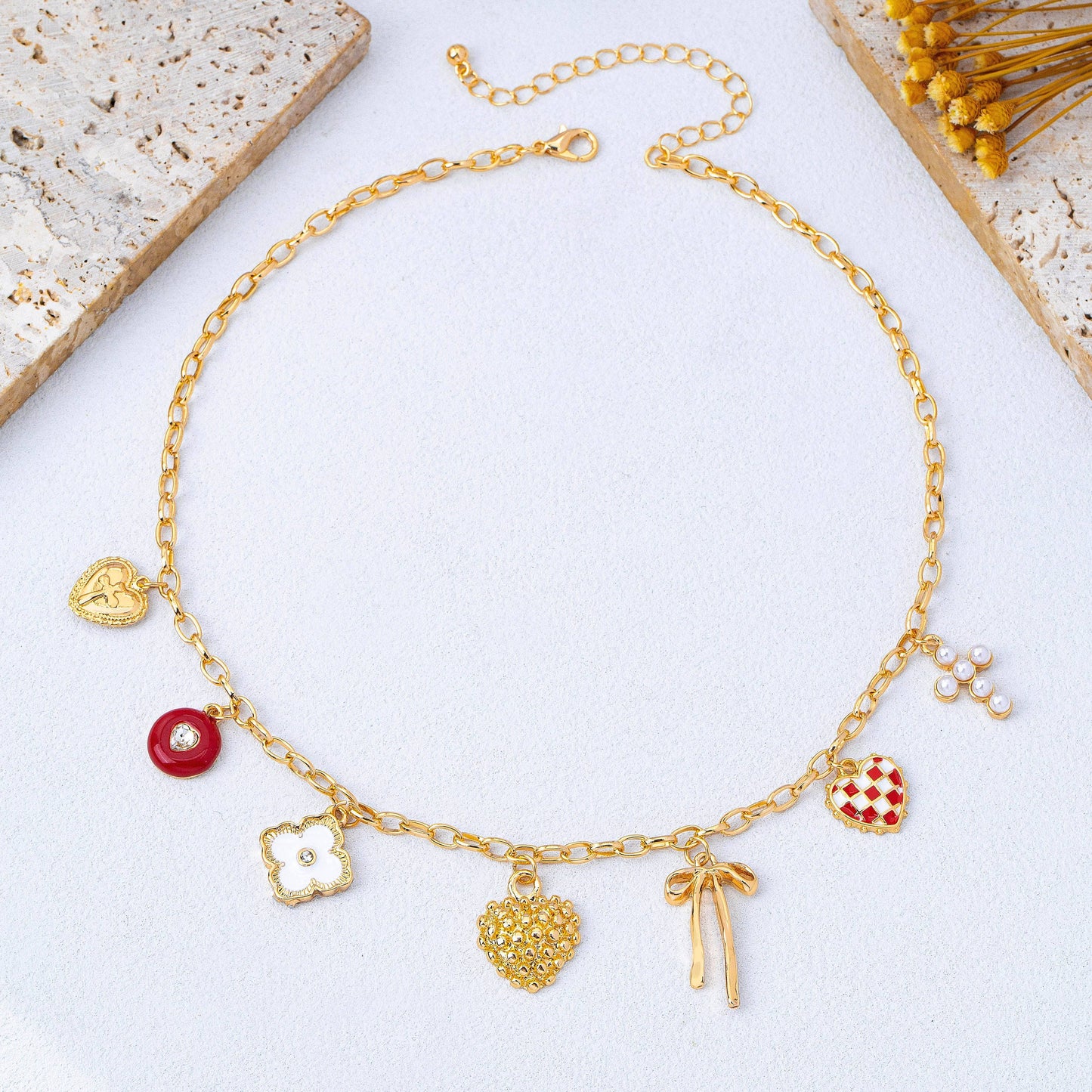 Heart Bow Cross Checker heart Charm Necklace