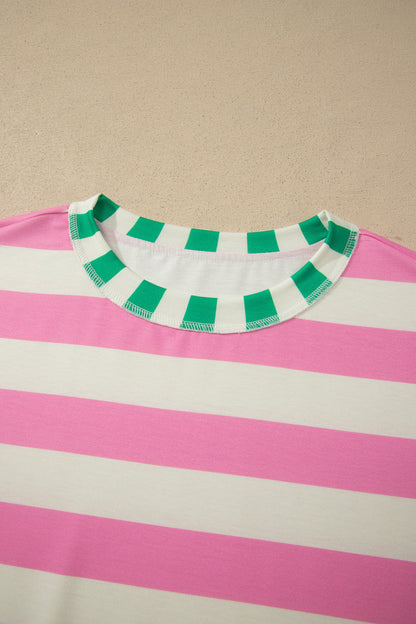 Pink Stripe Exposed Seam Contrast Patchwork Oversized Top