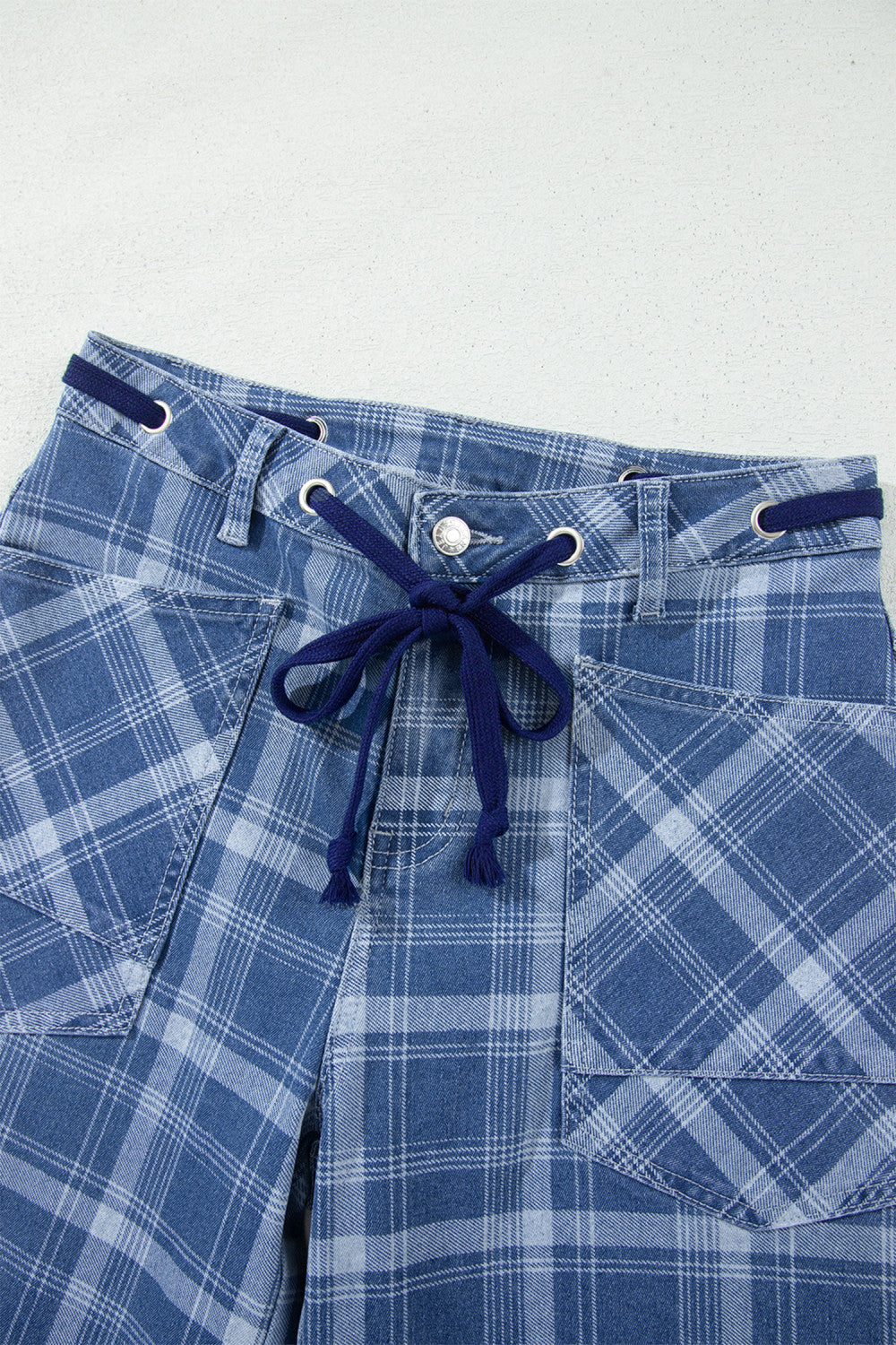 Plaid Denim Grommet Drawstring Jeans