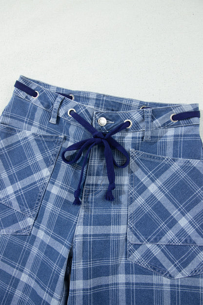Plaid Denim Grommet Drawstring Jeans