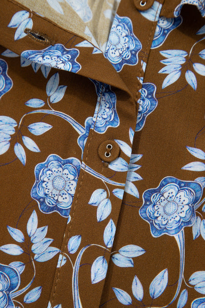Brown & Floral Print Long Sleeve Dress