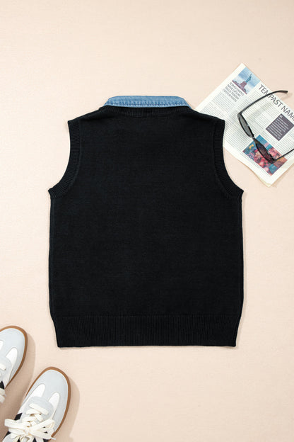 Black & Denim Collar Sweater Vest