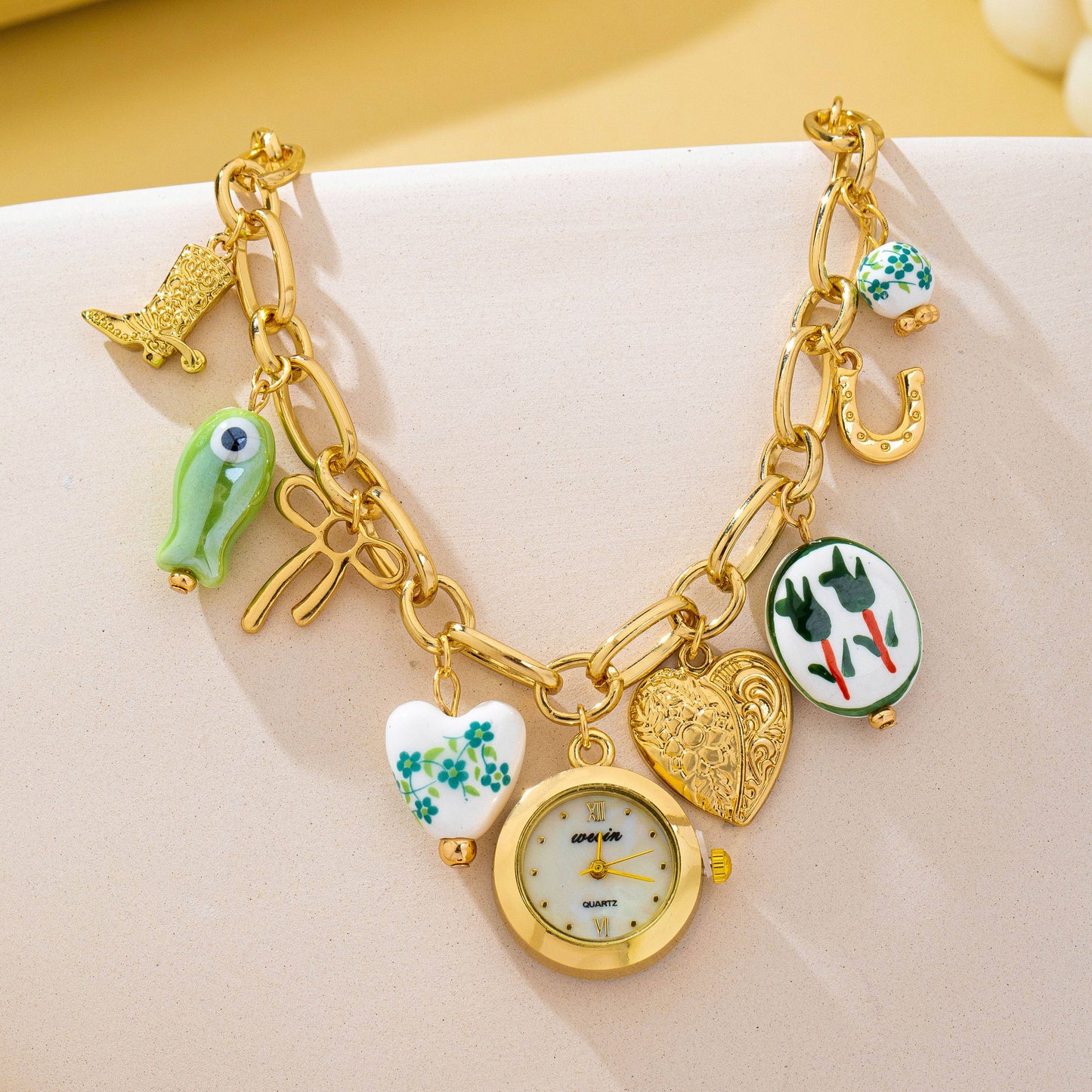 Vintage Green Floral Charm Watch Bracelet