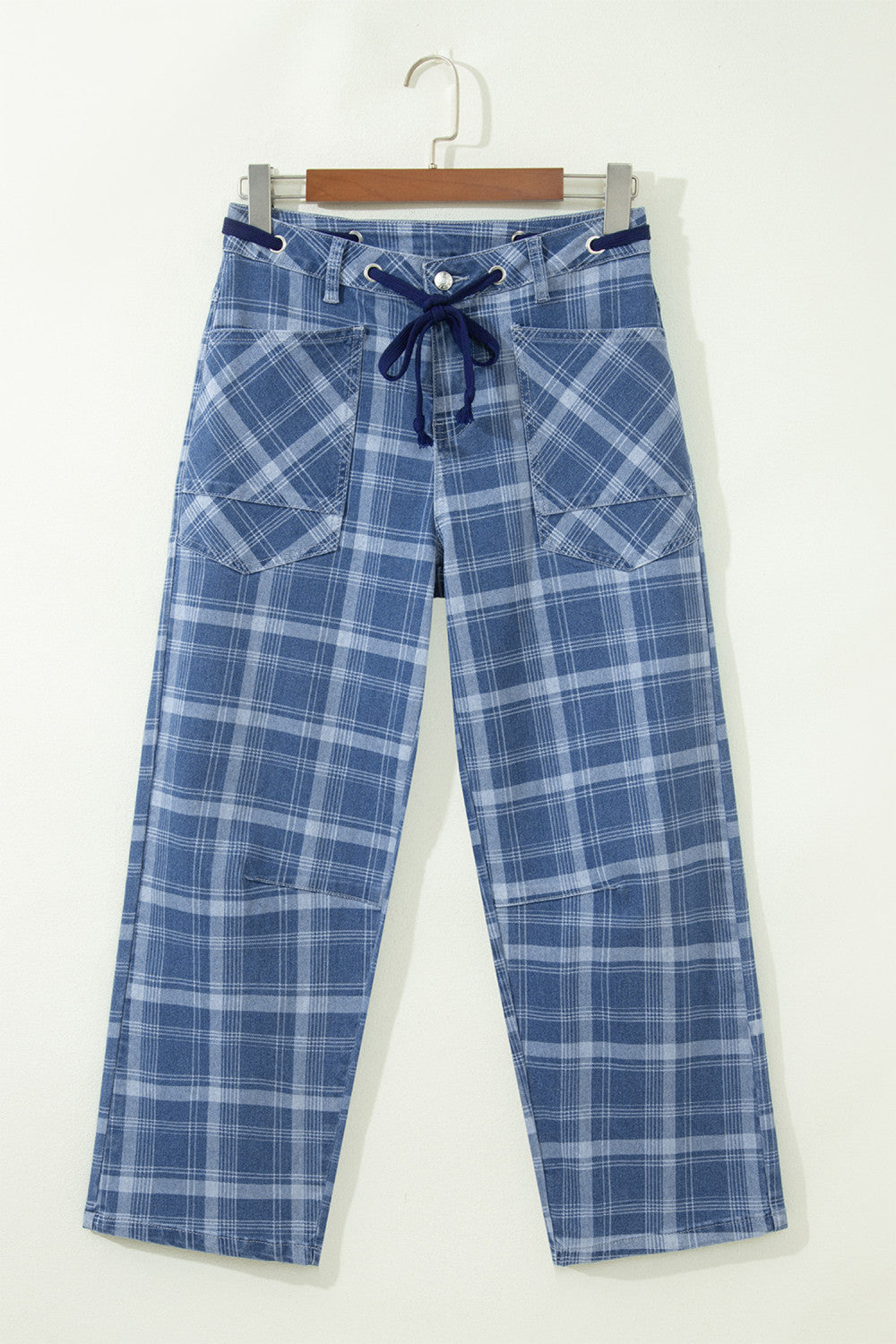 Plaid Denim Grommet Drawstring Jeans