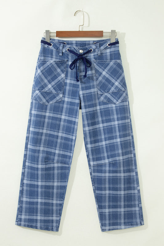 Plaid Denim Grommet Drawstring Jeans