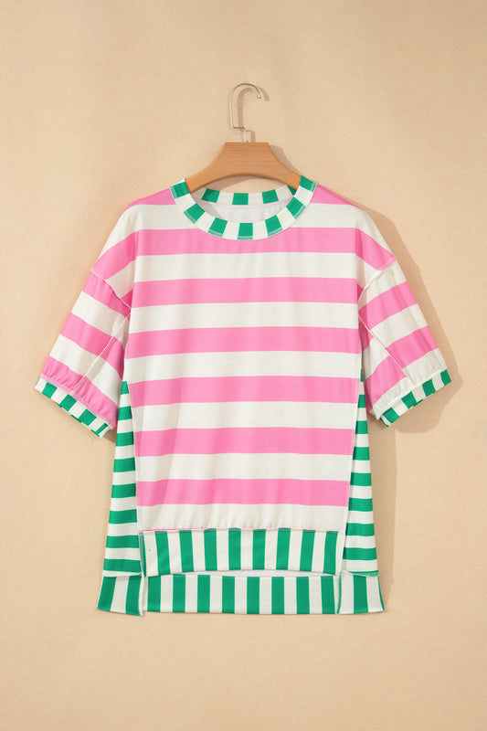 Pink Stripe Exposed Seam Contrast Patchwork Oversized Top