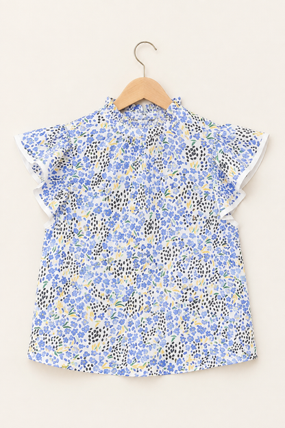 Sky Blue Print Flutter Sleeves Top