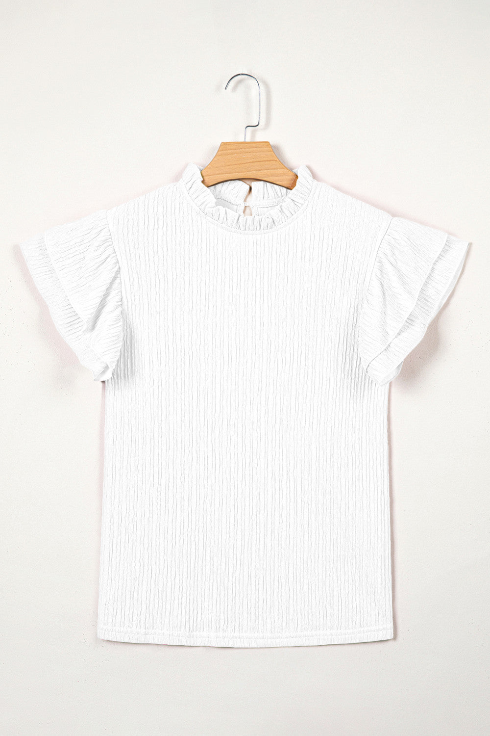 White Textured Ruffle Trim Top