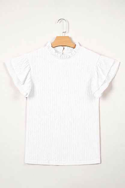 White Textured Ruffle Trim Top