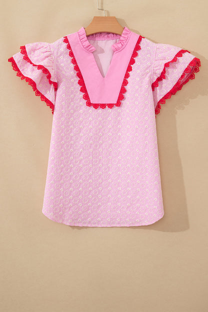 Pink  Lace Trim Flutter Sleeve Blouse