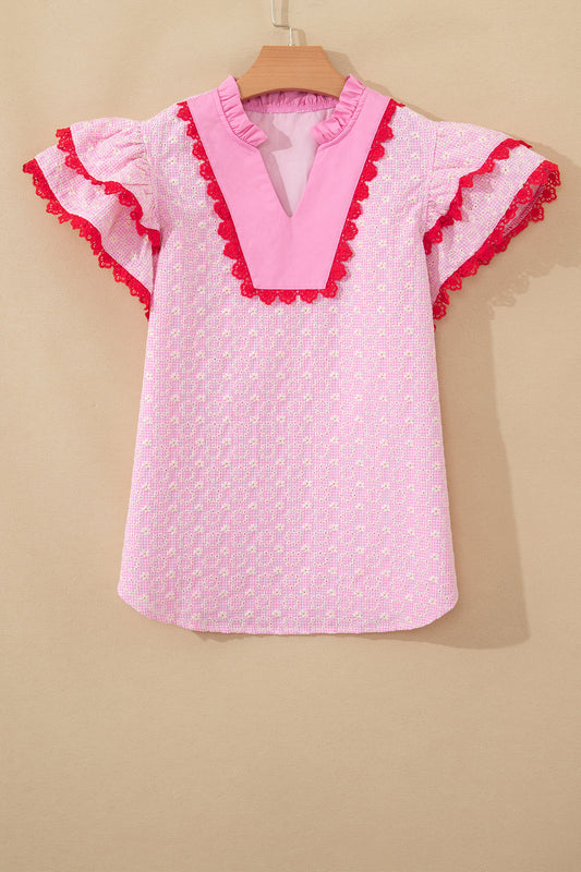 Pink  Lace Trim Flutter Sleeve Blouse
