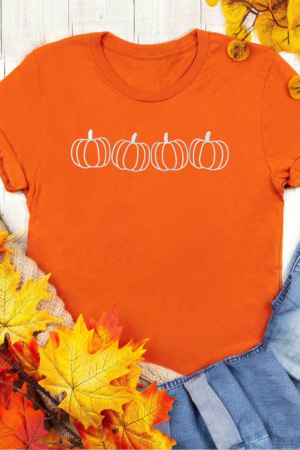 Orange Pumpkin Embroidered  T-Shirt
