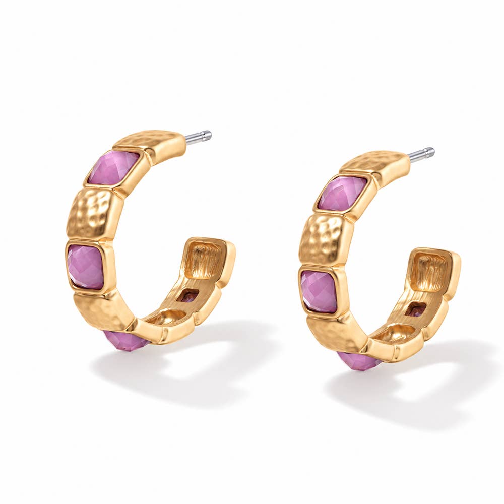 Hammered Textured & Stone Hoop Earring