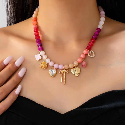 Pastel Beaded Bow Heart Flower Charm Necklace