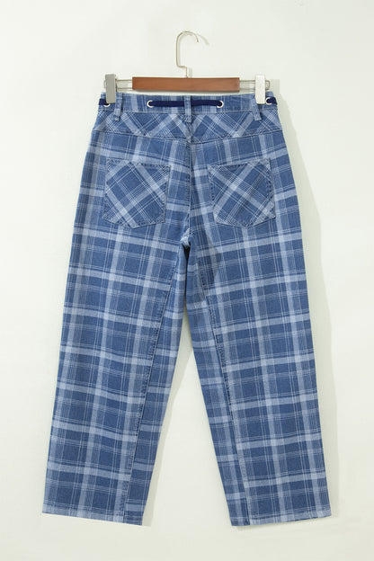 Plaid Denim Grommet Drawstring Jeans