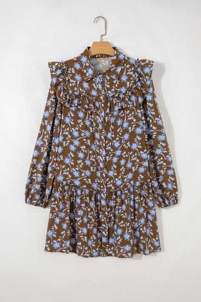 Brown & Floral Print Long Sleeve Dress