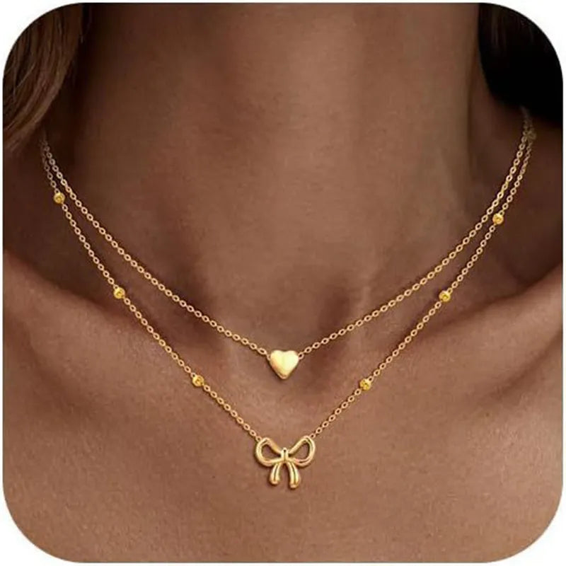 Double-Layer Heart and Bow Beads Necklace