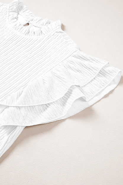 White Textured Ruffle Trim Top