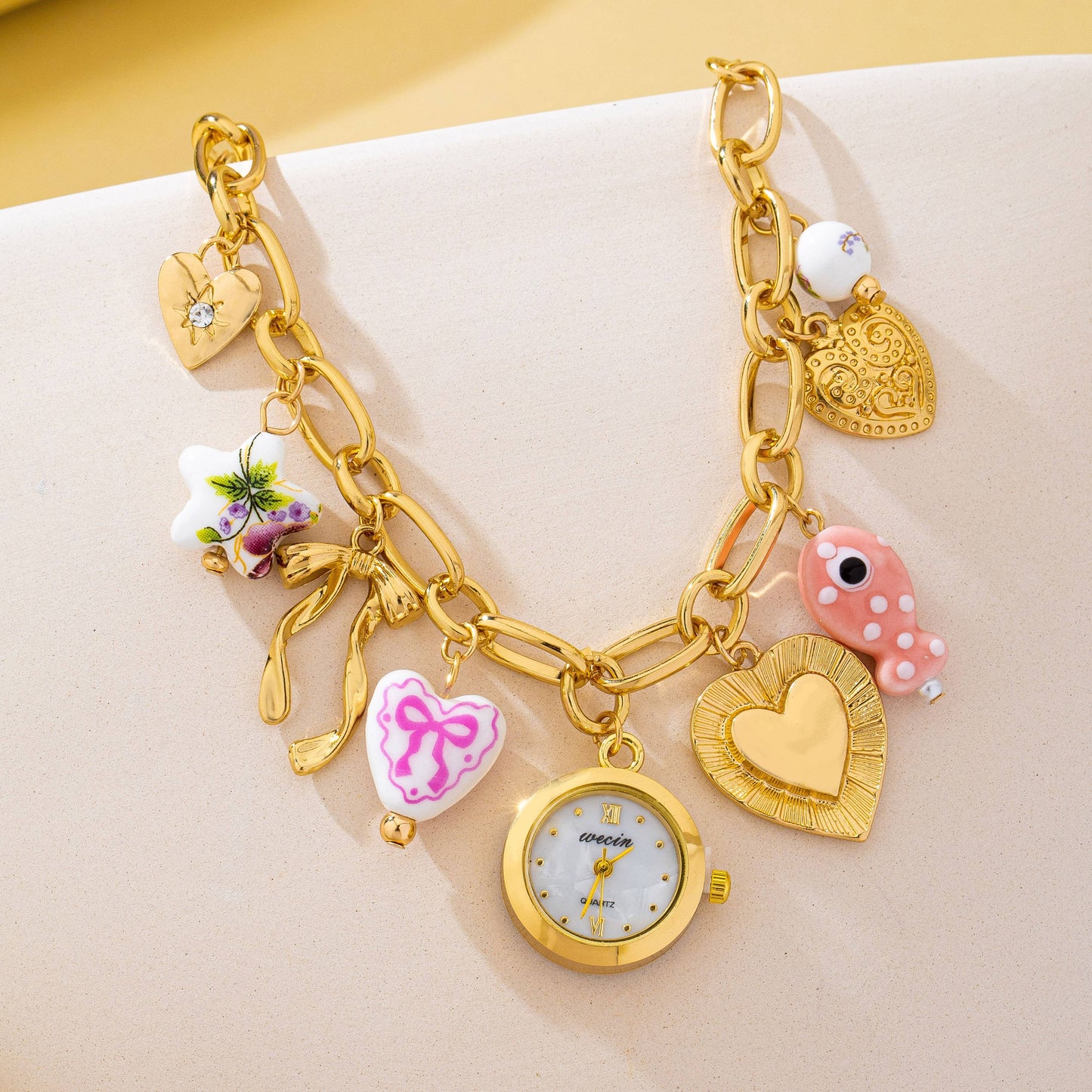 Vintage Pink Polka Dot Charm Watch Bracelet