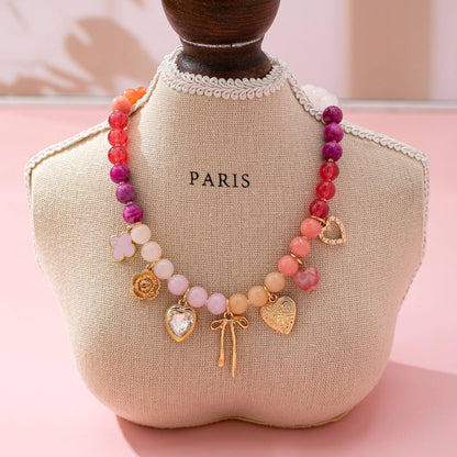 Pastel Beaded Bow Heart Flower Charm Necklace