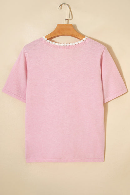 Pink Lace Trim V Neck