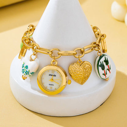 Vintage Green Floral Charm Watch Bracelet