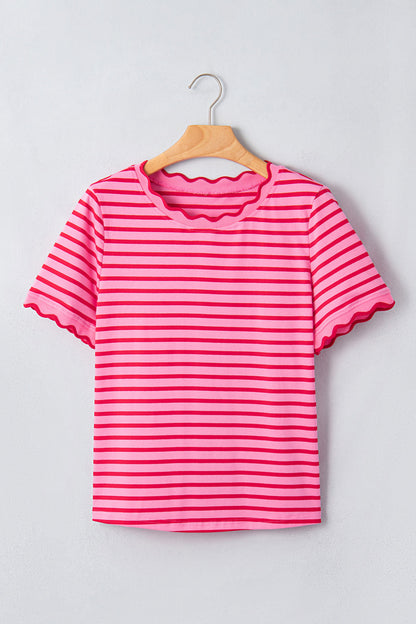 Pink Striped Scallop Trim Tee