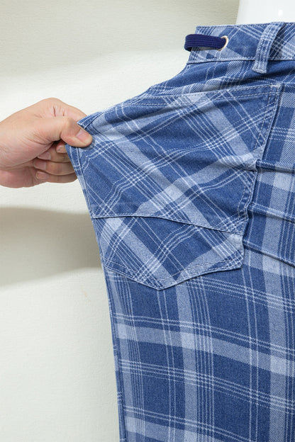 Plaid Denim Grommet Drawstring Jeans